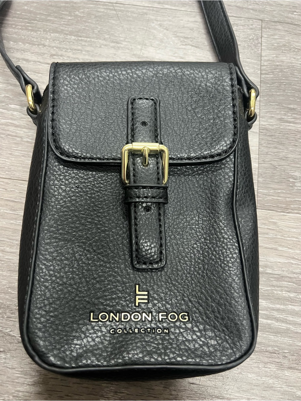 London Fog Black Pebbled Polyvinyl Crossbody with Gold Hardware